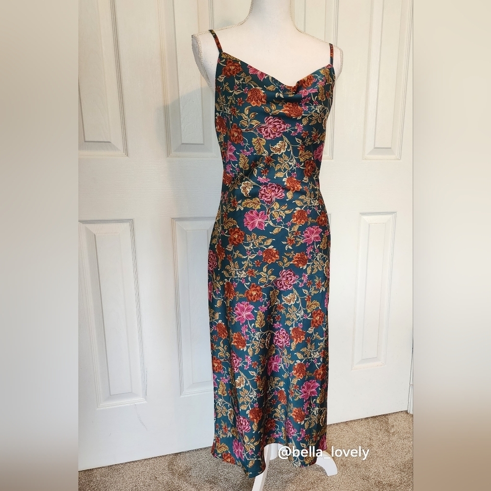 Floral Slip Dress Deep Green Base With Orange And Pink Floral Design